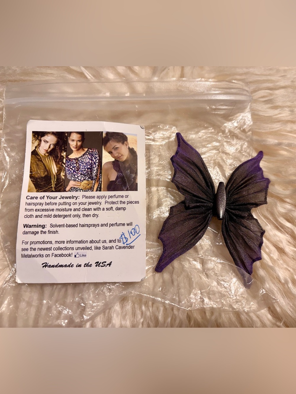Sarah Cavender Metalworks Purple Metal Mesh Butterfly Brooch Handmade USA - Picture 4 of 6